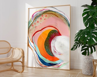 Bright and colorful abstract painting print, Abstract shapes multicoloured wall art, Large wall art print