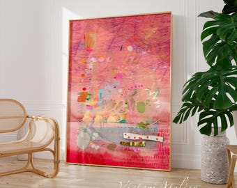 Roze abstracte kunstprint, modern kleurrijk muurdecor