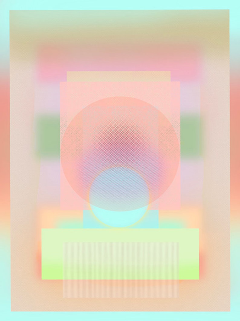 May include: Abstract geometric design with overlapping circles and squares in shades of pink, green, blue, and yellow.