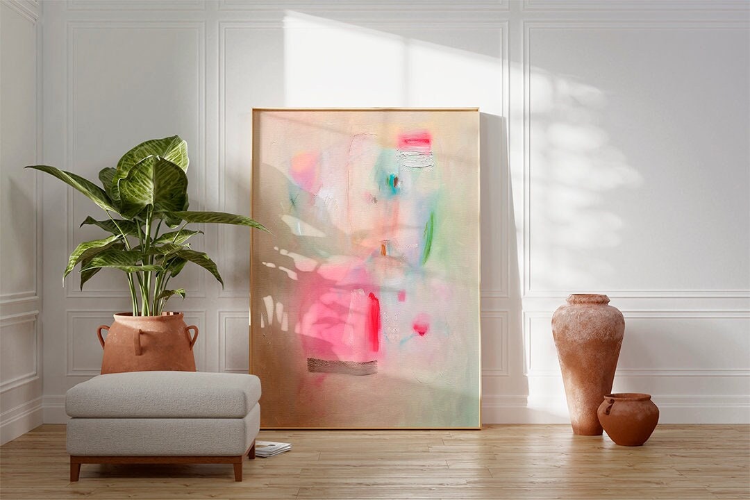 Impresión de pintura abstracta, arte abstracto minimalista beige rosa claro, decoración de pared moderna, arte de pared extra grande