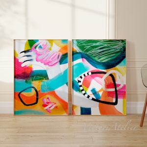 青とピンクの抽象画セット、大型ウォールアート - Etsy 日本