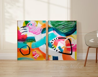 Abstract colorful prints set of 2, Multicolor set of 2 pieces extra large abstarct painting, Hand embellished with gold leaf