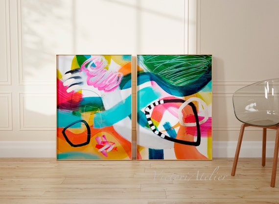 Abstract colorful prints set of 2, Multicolor set of 2 pieces extra large abstarct painting, Hand embellished with gold leaf