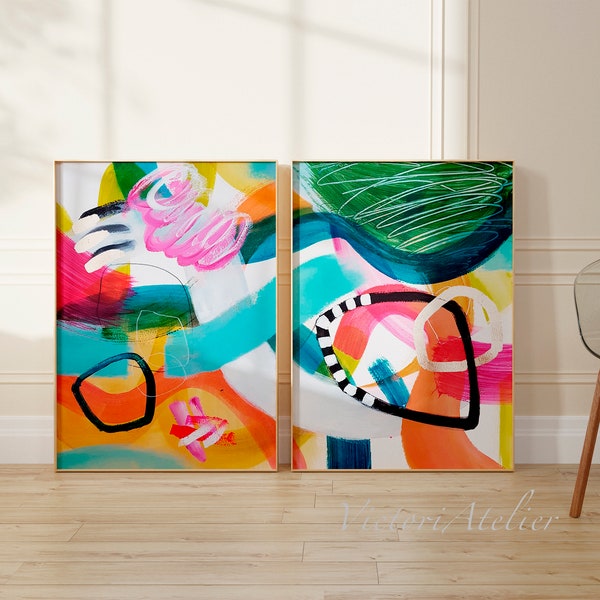 Abstract colorful prints set of 2, Multicolor set of 2 pieces extra large abstarct painting, Hand embellished with gold leaf