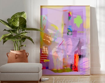 Lilac abstract painting print, Modern retro style wall art, Extra large wall art, Neon fluor colors abstract art, Eclectic purple art