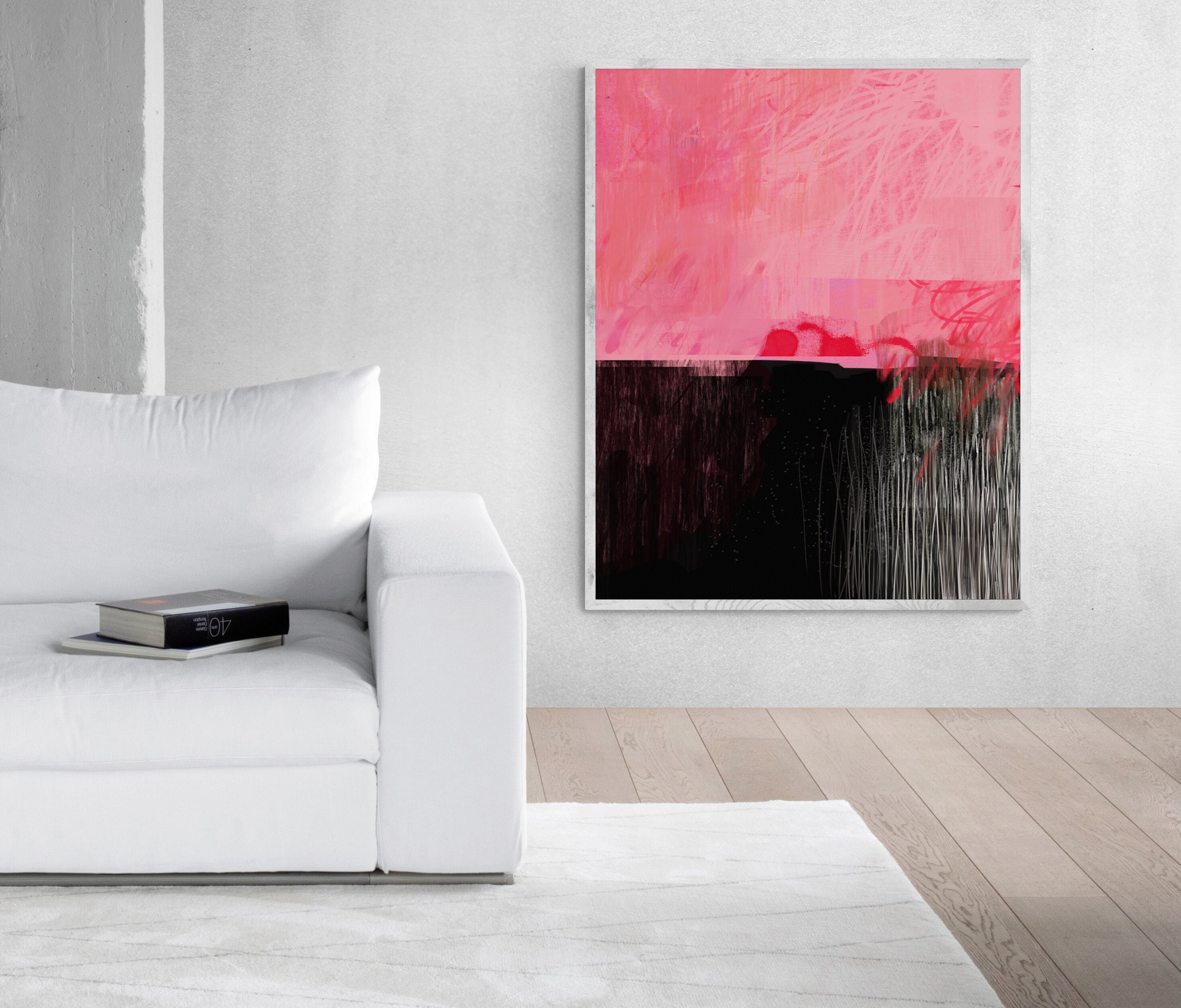 Pink and Black Abstract Painting, Minimalist Wall Art Print - Etsy