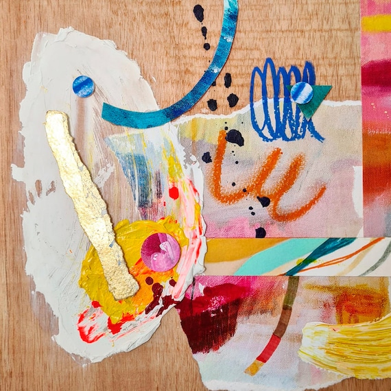 Original Mixed Media Painting Collage on Wood Panel, Small