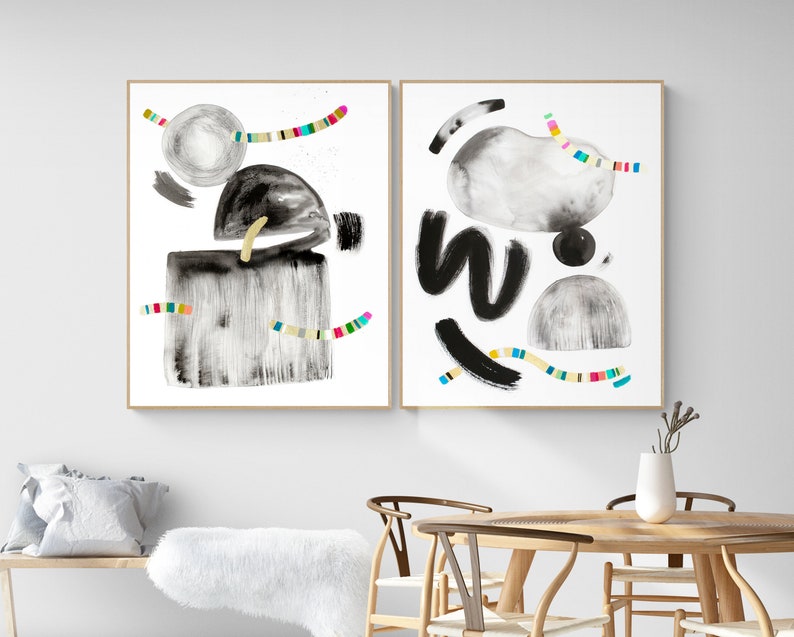 Abstract Art Prints Set of 2, Black White Gold Leaf Embellished - Etsy