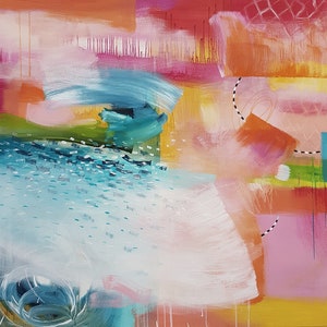 May include: Abstract painting with a mix of bright colors, including pink, orange, yellow, green, blue, and white. The painting features a variety of brushstrokes and textures, creating a dynamic and energetic composition.