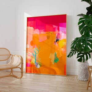 Yellow mustard magenta colorful vibrant abstract painting print, Modern living room wall decor, Bright pink fuchsia abstract art