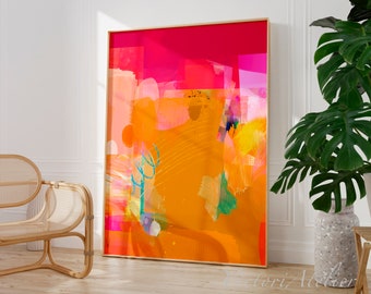 Gelb Senf Magenta bunte lebendige abstrakte Malerei Druck, moderne Wohnzimmer Wand-Dekor, Hell rosa fuchsia abstrakte Kunst