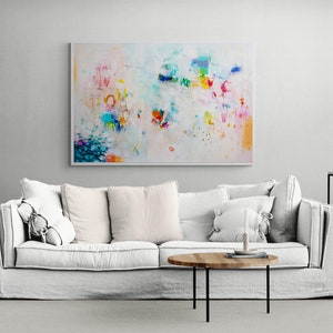 Abstract art painting print , White and multicolor Extra large wall art print, Canvas decor for living room, Art over coach sofa image 5