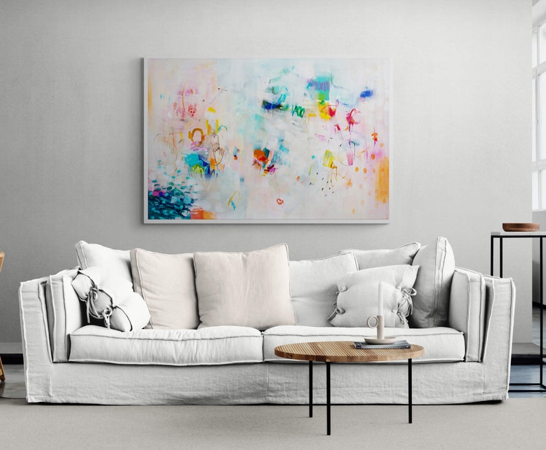 Abstract art painting print , White and multicolor Extra large wall art print, Canvas decor for living room, Art over coach sofa image 5