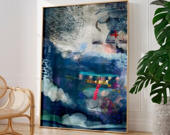 Blauwe abstracte schilderkunst, moderne muurkunst, giclée