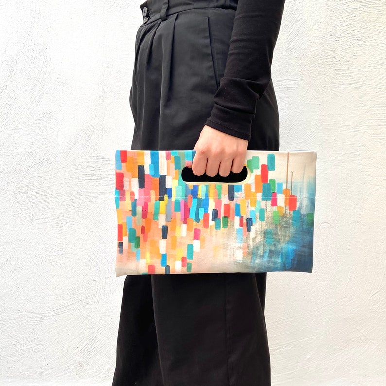 Xmas gift for her High quality Vegan leather Handbag clutch In Abstract Print Pattern Multicolor colorful Clutch with 2 different sides
