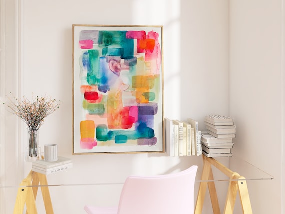 抽象的な水彩画アートプリント、モダンなマルチカラーの壁装飾 - Etsy 日本