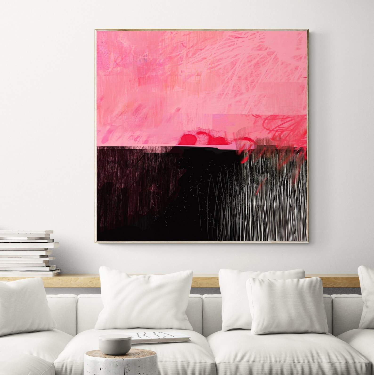 Pink and Black Abstract Painting, Minimalist Wall Art Print - Etsy