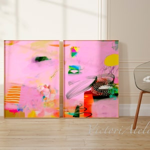 Abstract prints set of 2, Pink large wall art, Abstract painting set, Modern colorful wall art