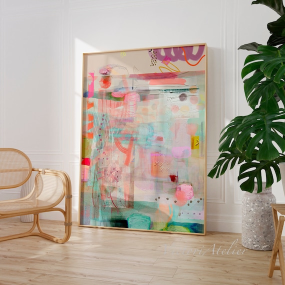 Beige Coral Green Abstract Painting Print, Modern Boho Wall Decor