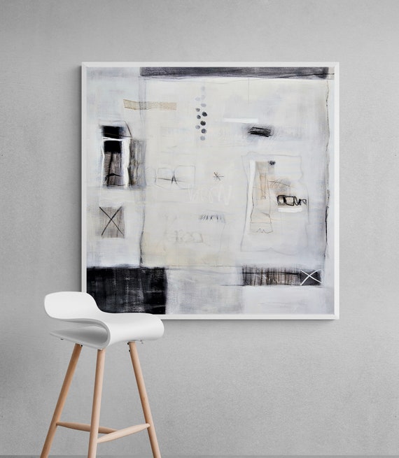 Black and white Original painting on canvas, Modern abstract painting, Industrial style wall decor, Large abstract art 40x40 inches