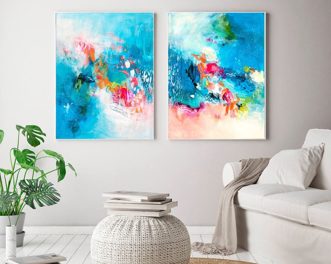 Turquoise Abstract Giclee Print Set, Bright Colorful Wall Art - Etsy
