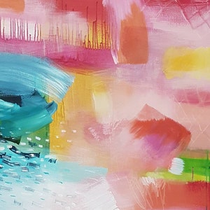 May include: Abstract painting with bright colors, including pink, red, yellow, green, and blue. The painting has a textured surface and a variety of brushstrokes.