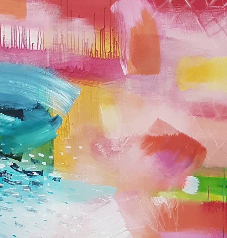 May include: Abstract painting with bright colors, including pink, red, yellow, green, and blue. The painting has a textured surface and a variety of brushstrokes.