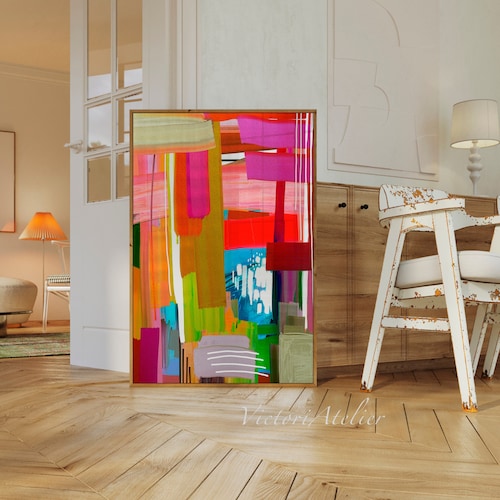 Peinture abstraite colorée, art mural orange fuchsia, impression jet d'encre