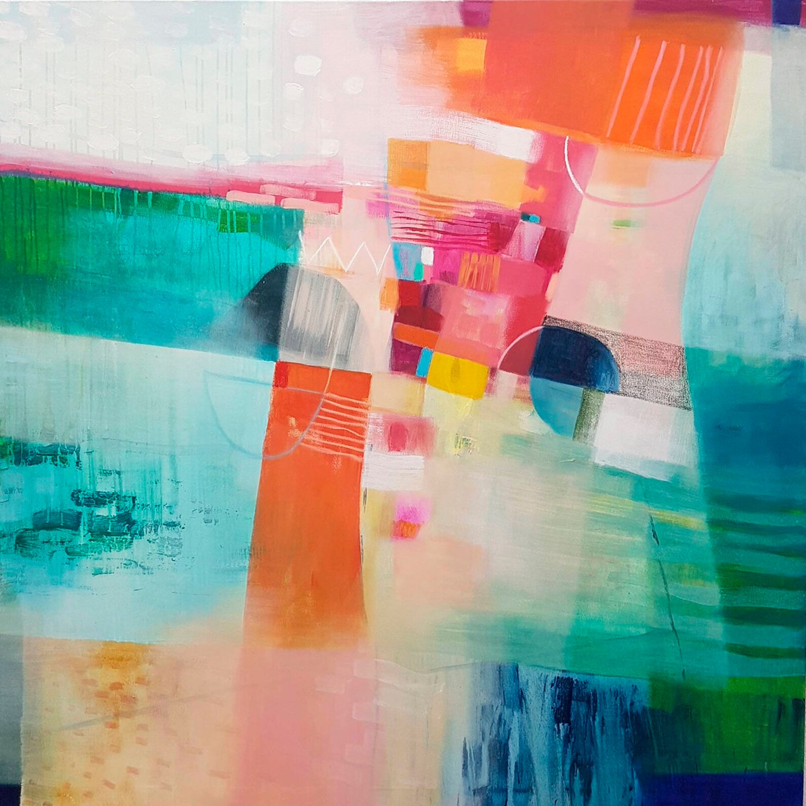 Orange and Green Geometric Print, Colorful Abstract Fine Art, Large ...