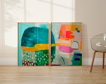 Abstract prints set, Set of 2  large prints, Set of two paintings,Large wall art, Abstract painting, Green and orange abstract set