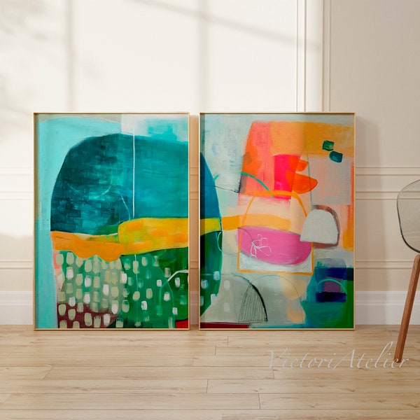 Abstract prints set, Set of 2  large prints, Set of two paintings,Large wall art, Abstract painting, Green and orange abstract set