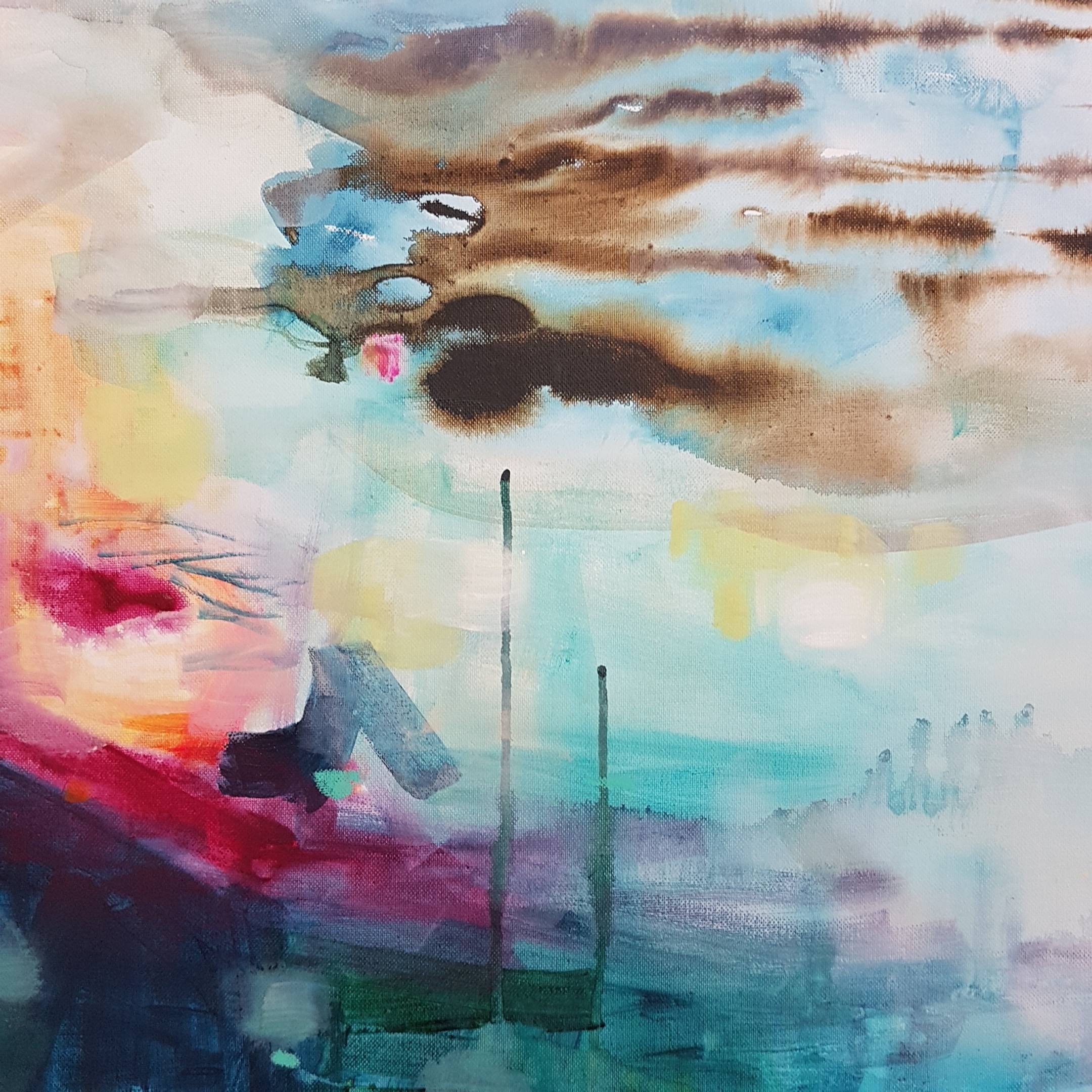 「port blue」原画 抽象風景画 原画】抽象画 虹と雨 約273×220mm（F3サイズ）送料無料 絵画 La