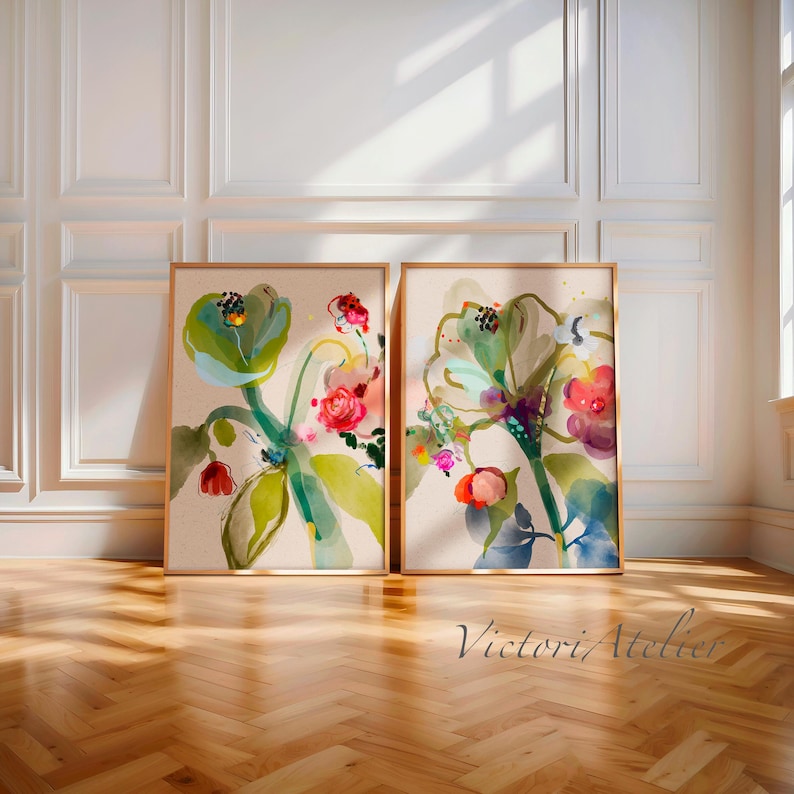 Floral Wall Art Prints, Set 2 Colorful Painting , XL Botanical Wall Art ...