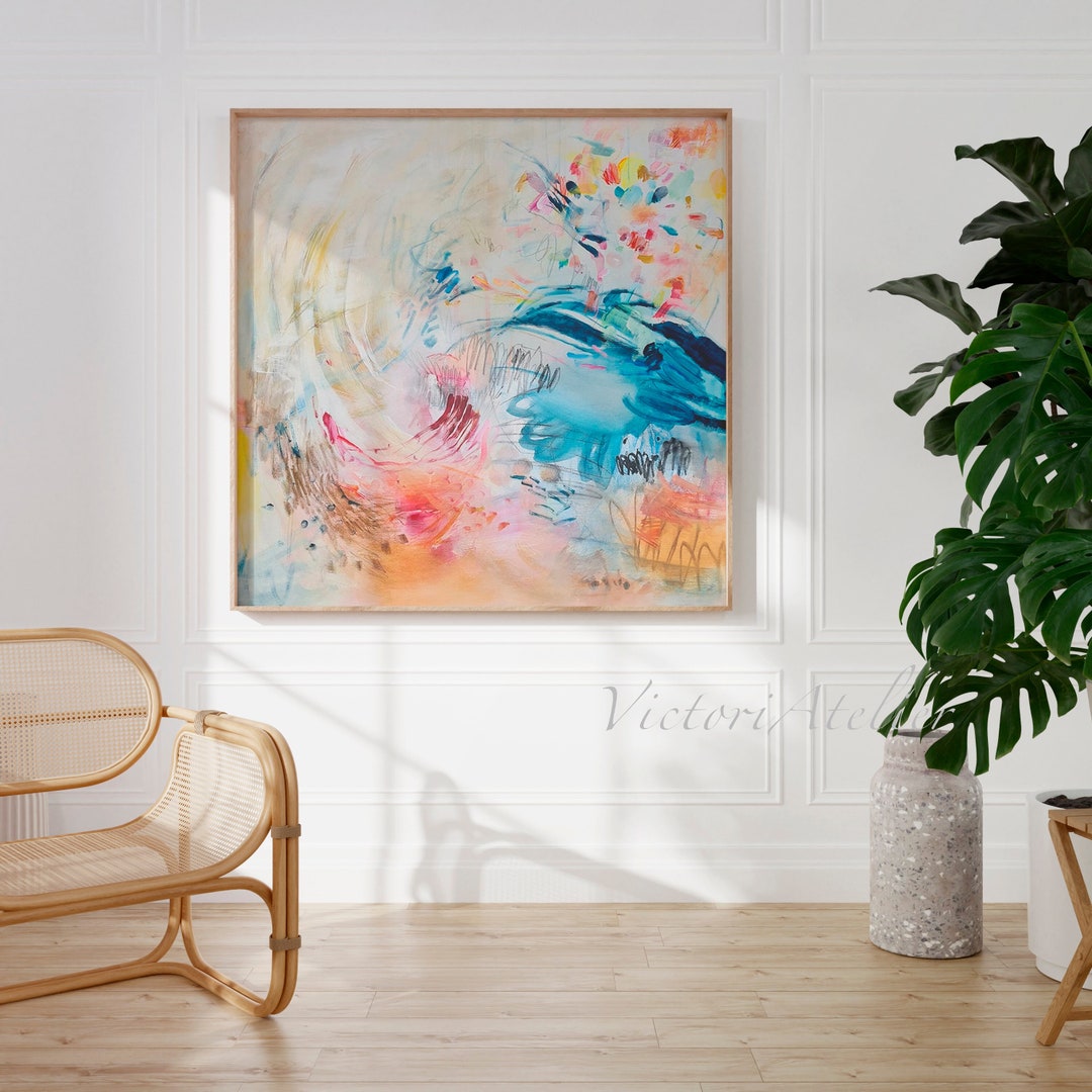 抽象画 青とオレンジのアクリル画 抽象油彩画 青とオレンジ 青とオレンジの抽象画 青いテクスチャ