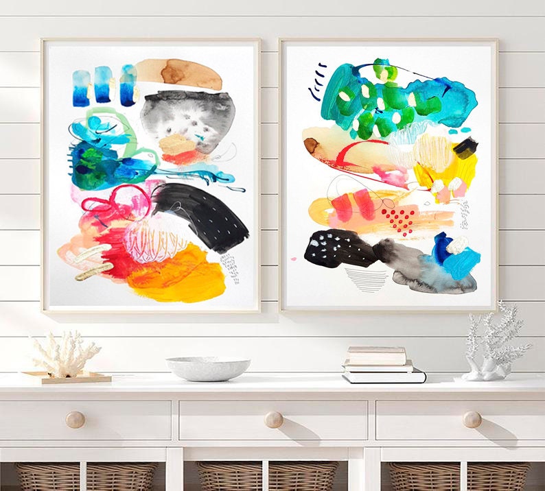 カラフルな抽象的な水彩画プリントセット、楽しい絵画 - Etsy 日本