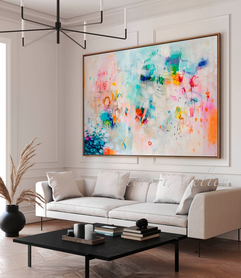 Abstract art painting print , White and multicolor Extra large wall art print, Canvas decor for living room, Art over coach sofa image 1