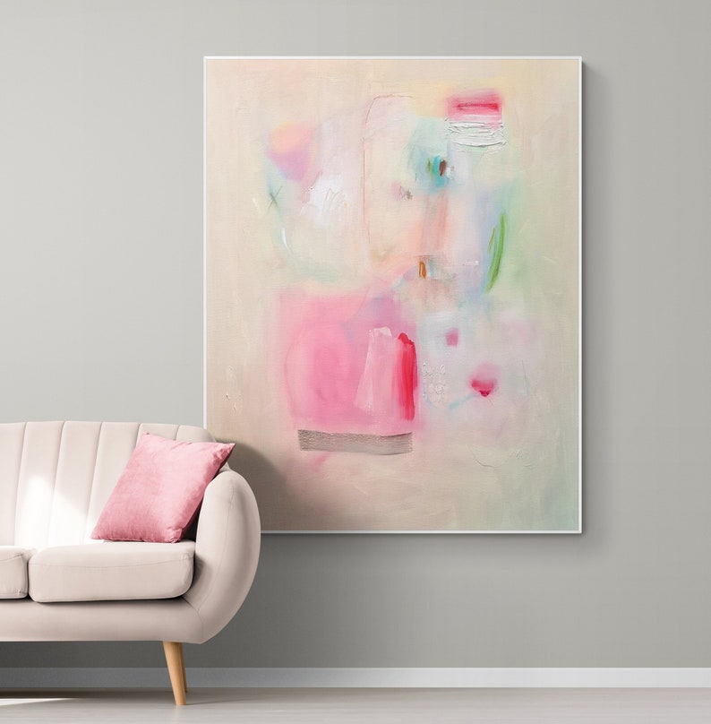 Impresión de pintura abstracta, arte abstracto minimalista beige rosa claro, decoración de pared moderna, arte de pared extra grande image 3