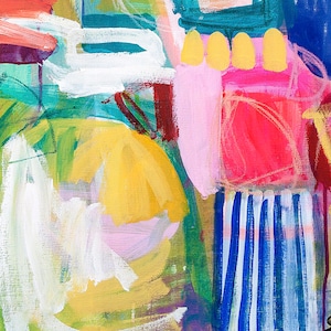 May include: Abstract painting featuring bold strokes of yellow, pink, red, blue, green, and white paint. The painting has a modern and colourful style.