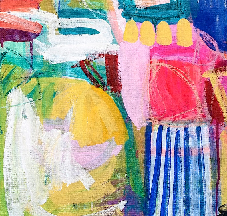 May include: Abstract painting featuring bold strokes of yellow, pink, red, blue, green, and white paint. The painting has a modern and colourful style.
