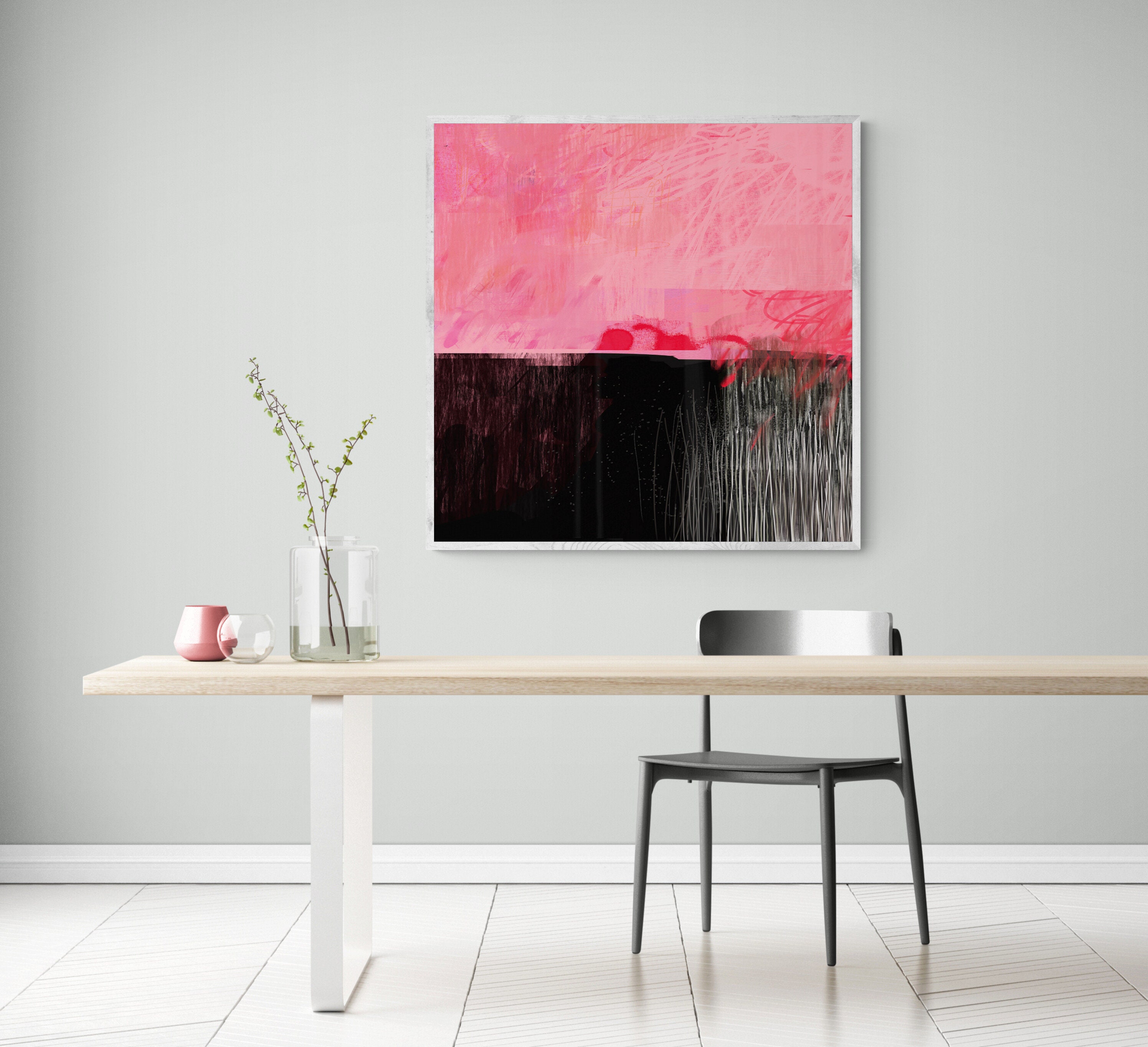 Pink and Black Abstract Painting, Minimalist Wall Art Print - Etsy