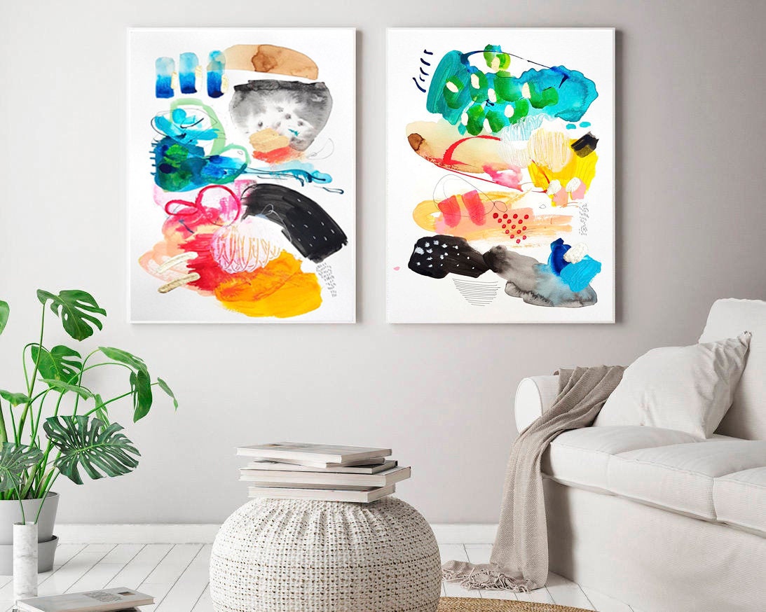 カラフルな抽象的な水彩画プリントセット、楽しい絵画 - Etsy 日本