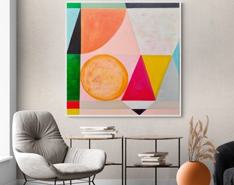 オリジナルの幾何学的抽象画、カラフルなモダンアート（40x40インチ