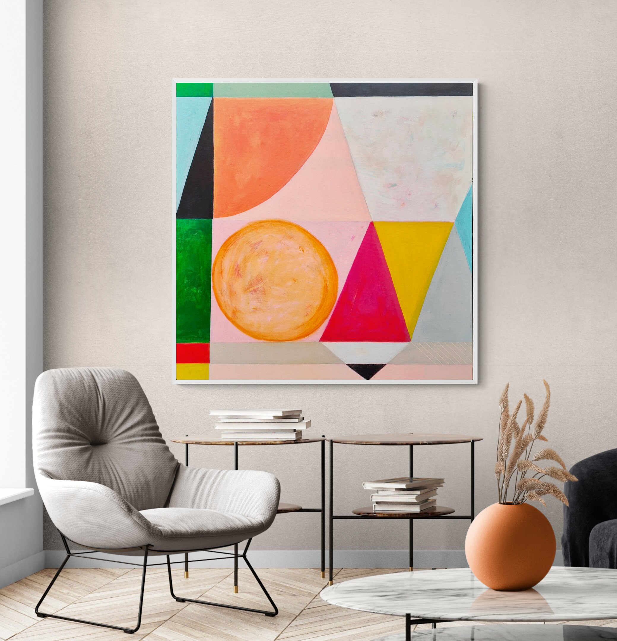 オリジナルの幾何学的抽象画、カラフルなモダンアート（40x40インチ