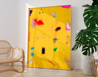 Impressão artística abstrata amarela, giclée minimalista moderna, algodão texturizado.