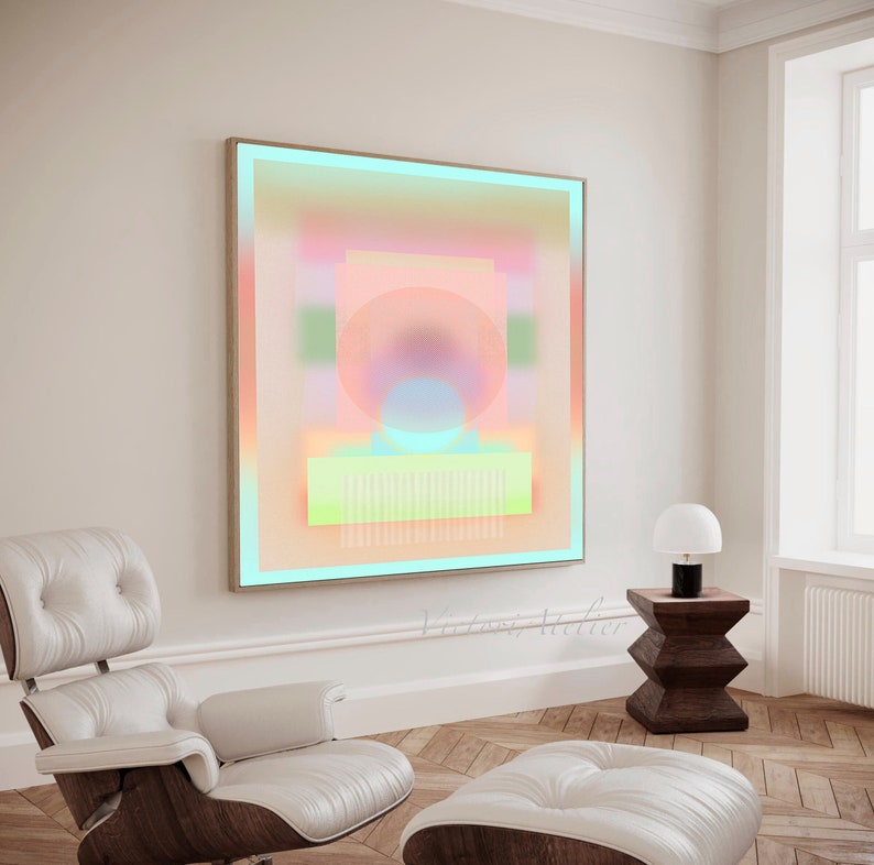 May include: Abstract geometric art print with a pink, blue, and green color scheme. The print is framed in a light wood frame and is hanging on a white wall.