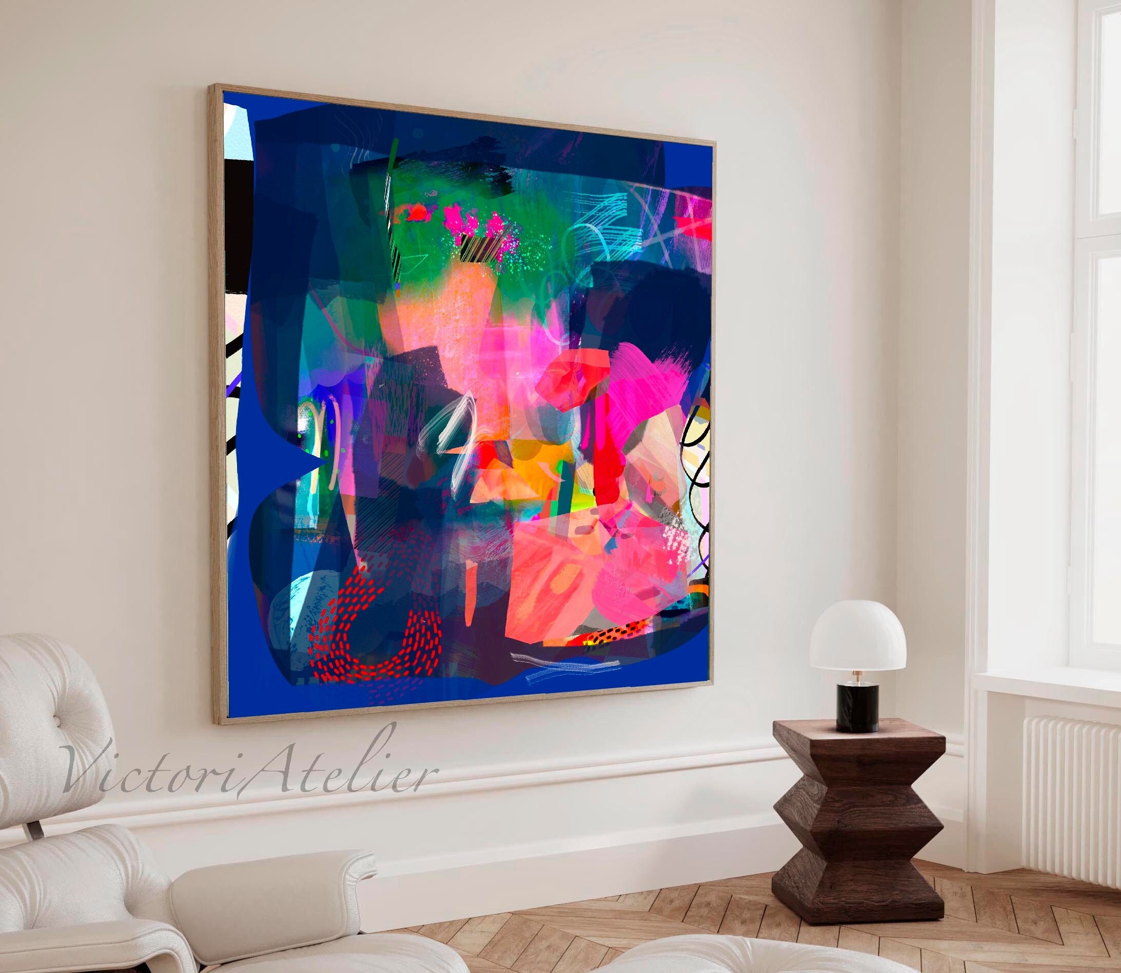 Impresión de pintura abstracta colorida, arte de pared abstracto azul brillante y multicolor, arte abstracto moderno grande