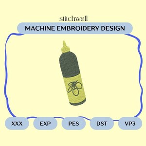 EVOO Green Bottle Embroidery File | 4" Machine Embroidery Design | Olive Oil  Design | PES DST and more