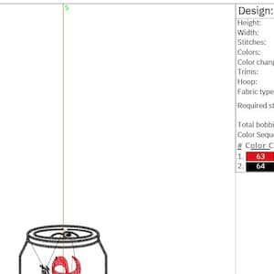 May include: An embroidery design labeled "Diet Soda_3in.DST" featuring a soda can with a red and black color scheme. The design is 2.75 inches in height and includes details like stitches and color codes.