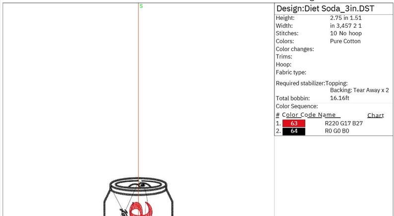 May include: An embroidery design labeled "Diet Soda_3in.DST" featuring a soda can with a red and black color scheme. The design is 2.75 inches in height and includes details like stitches and color codes.