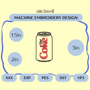 Mini Diet Soda Can Embroidery File | 1.5&quot;, 2&quot;, and 3&quot; Machine Embroidery Design | Classic Silver Soda Patch | PES DST and more